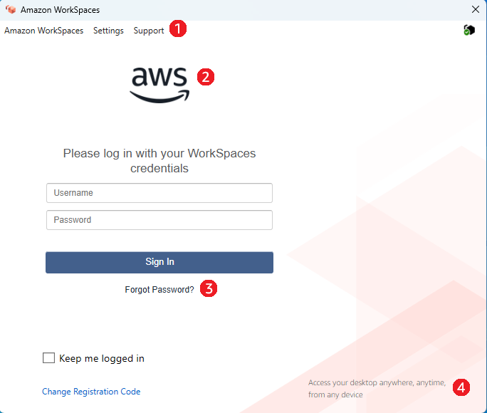 WorkSpaces Anmeldebildschirm für Kunden — Legacy-Anmeldeablauf
