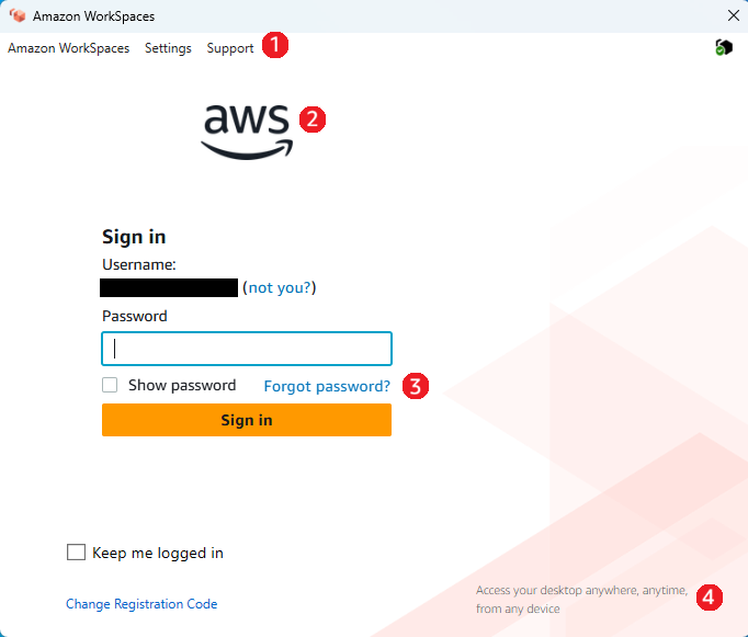 WorkSpaces Anmeldebildschirm für Kunden — Neuer Anmeldevorgang