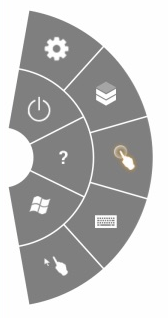 iPad-Radialmenü mit den Tasten für Einstellungen, Verbindungsstatus, Verbindungstrennen/Verbinden, Direkter Mausmodus, Hilfe, Tastatur, Windows-Startmenü und Offset-Mausmodus.