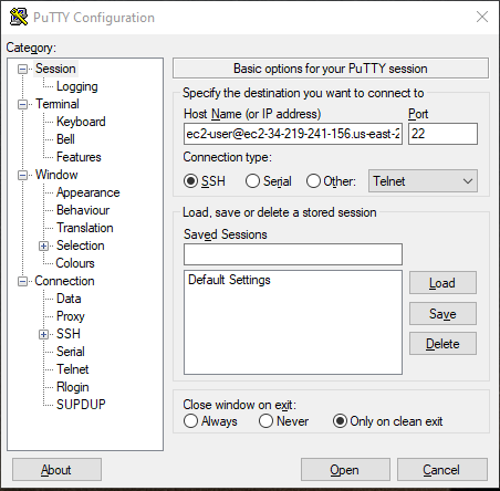 Configuración de PuTTY: sesión.