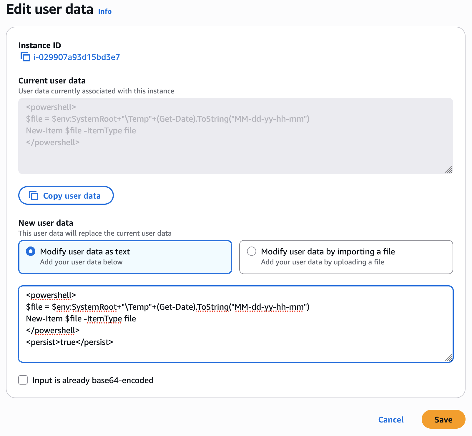 Cuadro de diálogo Edit User Data (Editar datos de usuario).