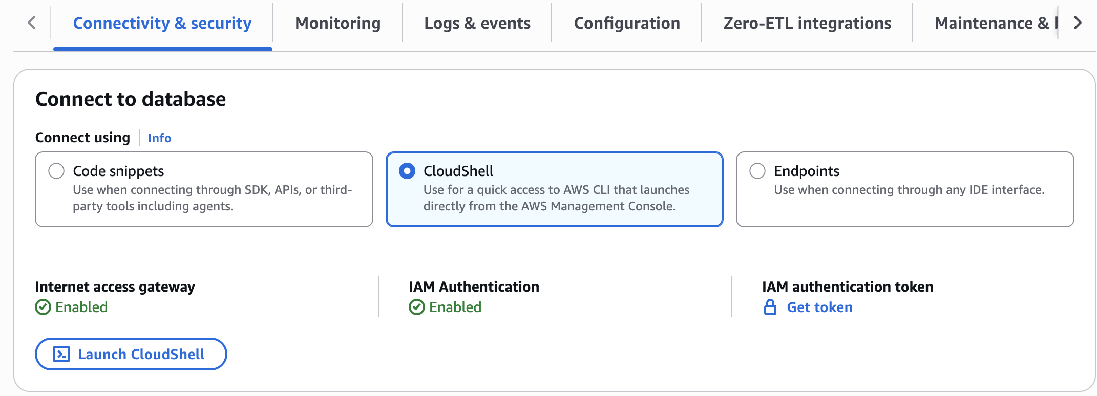 El botón de lanzamiento de CloudShell en la pestaña de conectividad y seguridad.