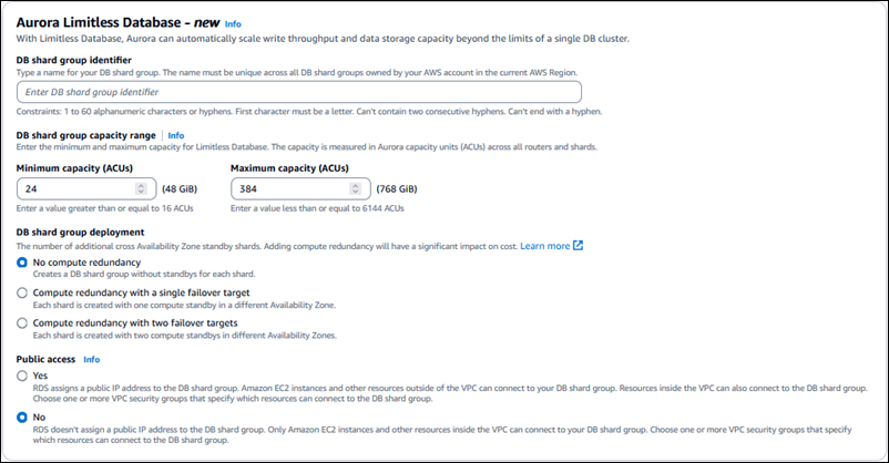 Configuración de la consola de base de datos ilimitada de Aurora PostgreSQL con opciones de configuración para los parámetros de fragmentación y distribución.