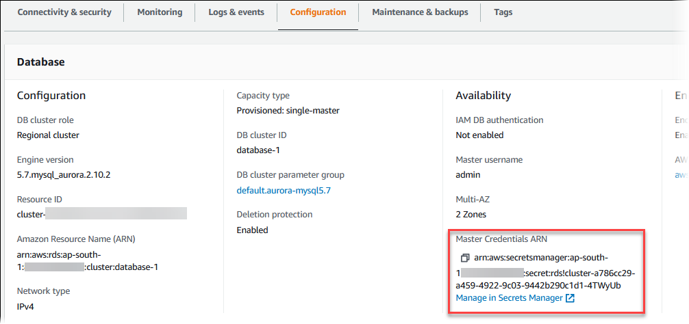 Visualización de los detalles de un secreto administrado por Aurora en Secrets Manager