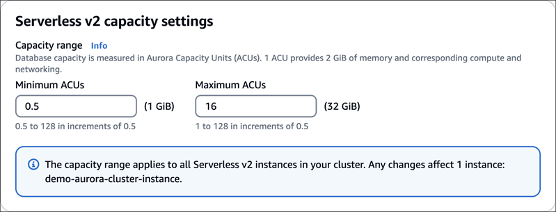 Captura de pantalla de la modificación de la capacidad del clúster de base de datos, cambio de la capacidad