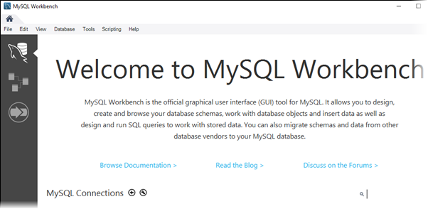La pantalla de bienvenida de MySQL Workbench.