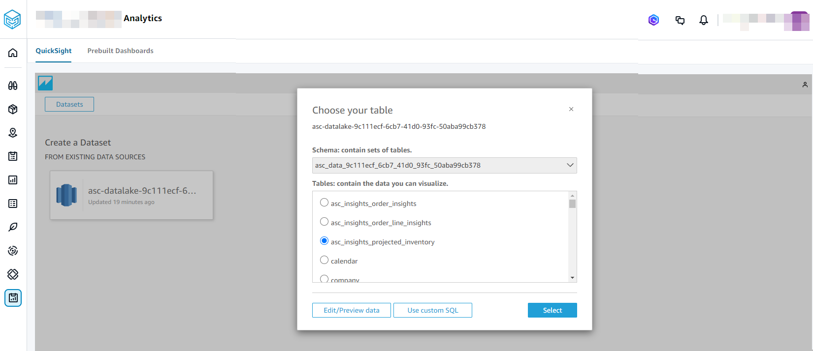 Elegir una categoría de conjunto de datos para crear el panel AWS Supply Chain de Analytics