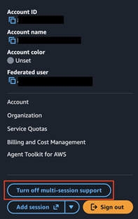 En el menú de la cuenta se Consola de administración de AWS muestra la opción Desactivar el soporte multisesión.