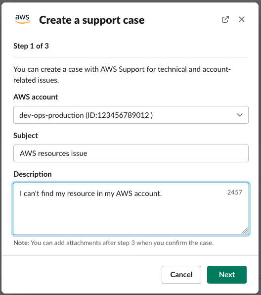 Un cuadro de diálogo para crear un AWS Support caso en Slack.