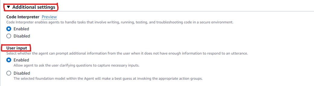 Configure su agente para que solicite al usuario más información si la información requerida no está disponible para completar una tarea. Puede configurar el agente activando la entrada de usuario en el grupo de acciones de su agente.
