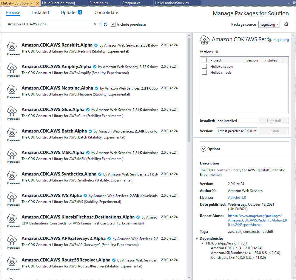 NuGet administrador de paquetes que muestra los paquetes <shared id="AWS"/> alfa de Amazon CDK para varios servicios.