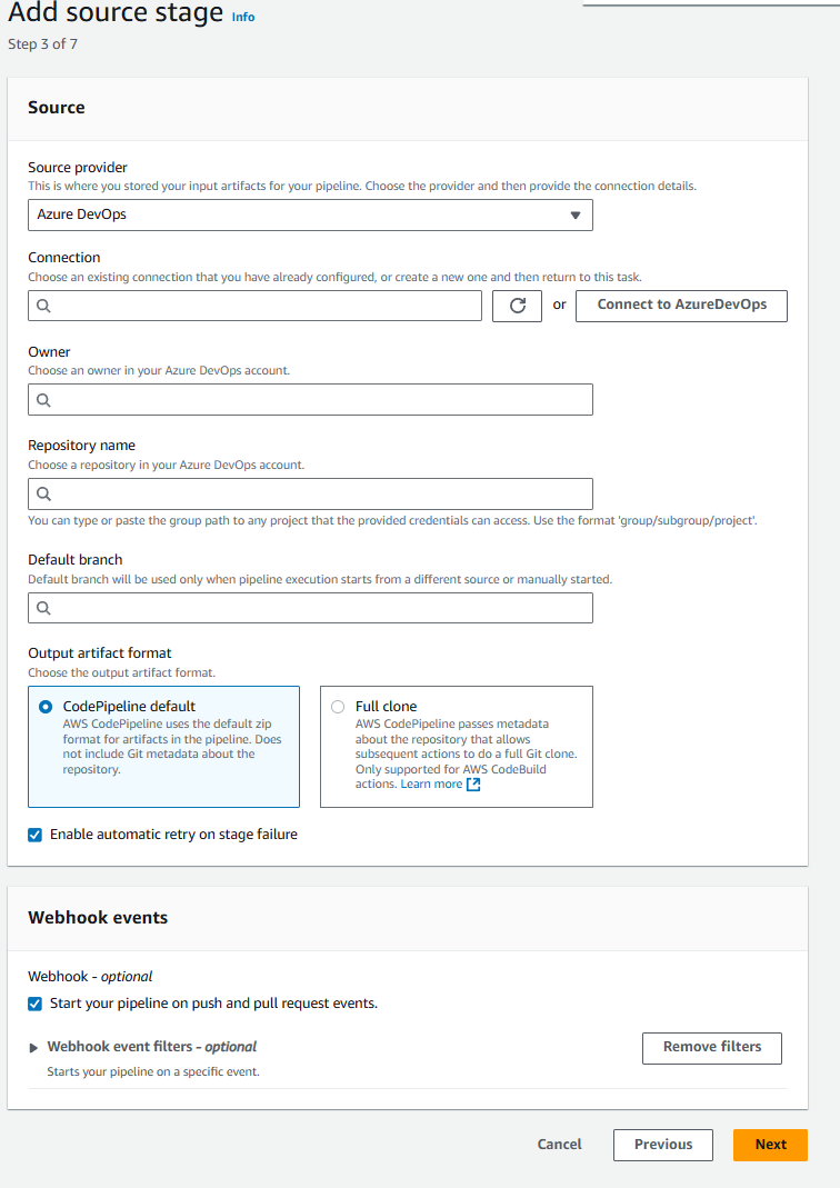 Captura de pantalla de la consola que muestra la opción de conexión seleccionada para Azure DevOps.