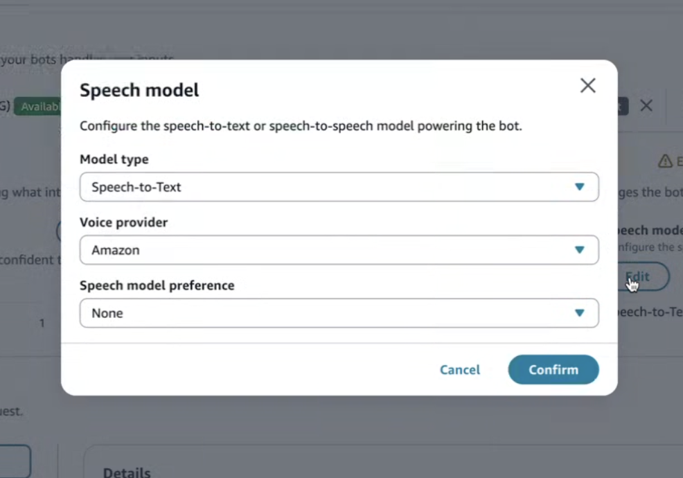 El cuadro de diálogo del modelo de voz con Amazon seleccionado como proveedor de voz.