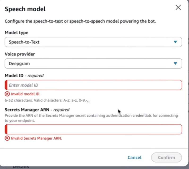 El cuadro de diálogo del modelo de voz con Deepgram seleccionado como proveedor de voz.