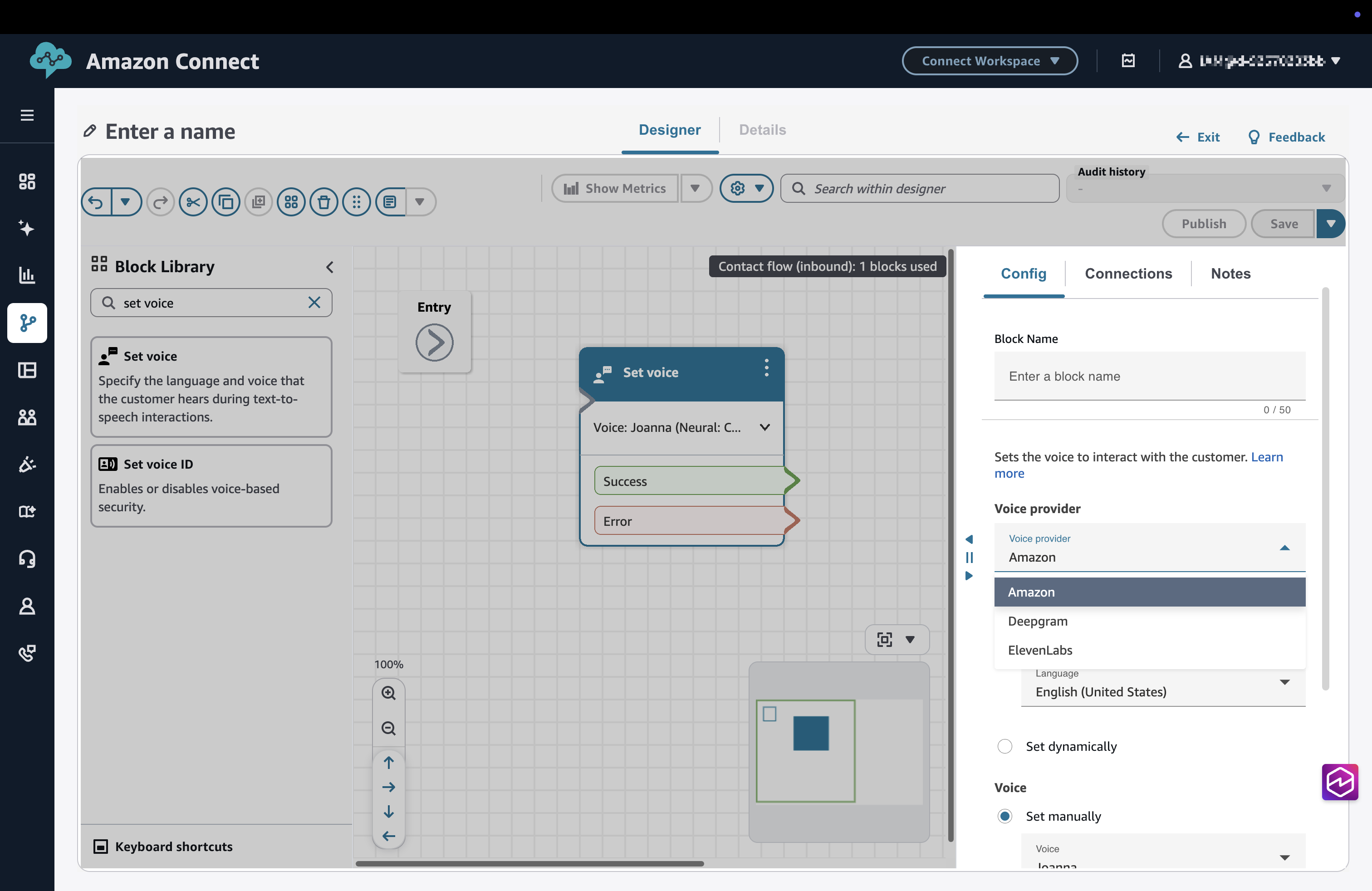 El panel de configuración «Configurar voz» muestra una lista desplegable de proveedores de voz.