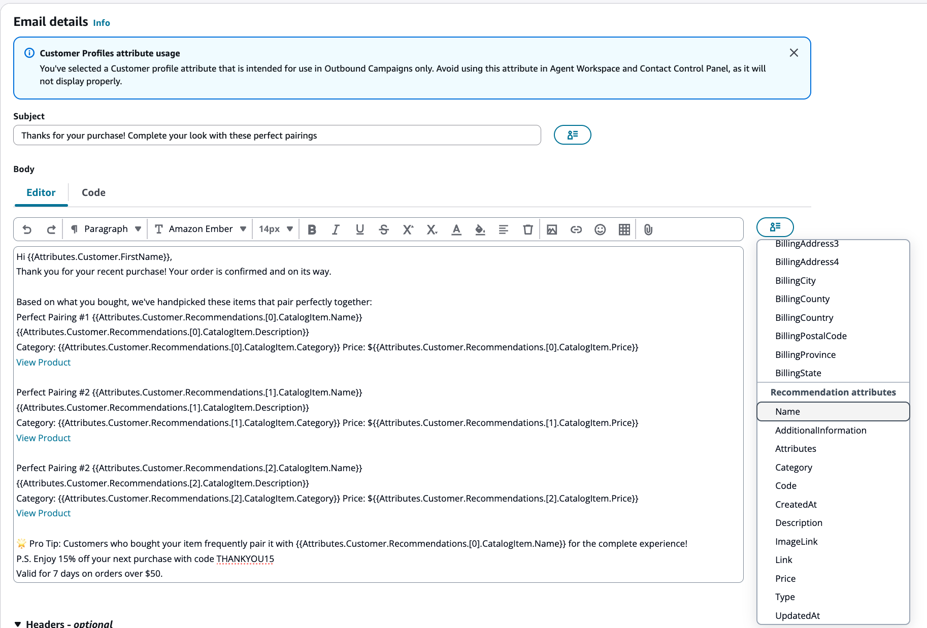 Editor de plantillas de correo electrónico que muestra los atributos de las recomendaciones en el buscador de atributos y las recomendaciones de productos personalizadas en el cuerpo del mensaje.