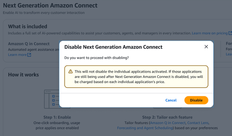 La página Amazon Connect, el botón de inhabilitación.