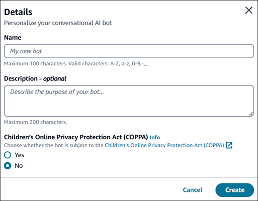 Página de detalles de la creación del bot con el nombre, la descripción y la configuración de COPPA.