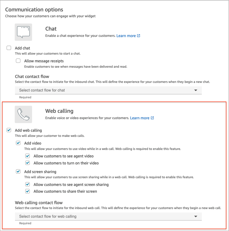 La página del widget de comunicación configurada para pantalla compartida, videollamadas y llamadas web.