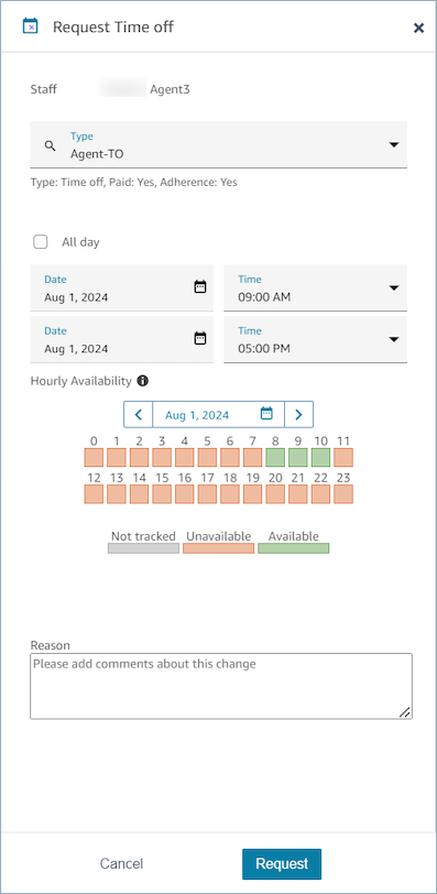 La vista de calendario de programación, la sección de solicitud de tiempo libre para agentes.
