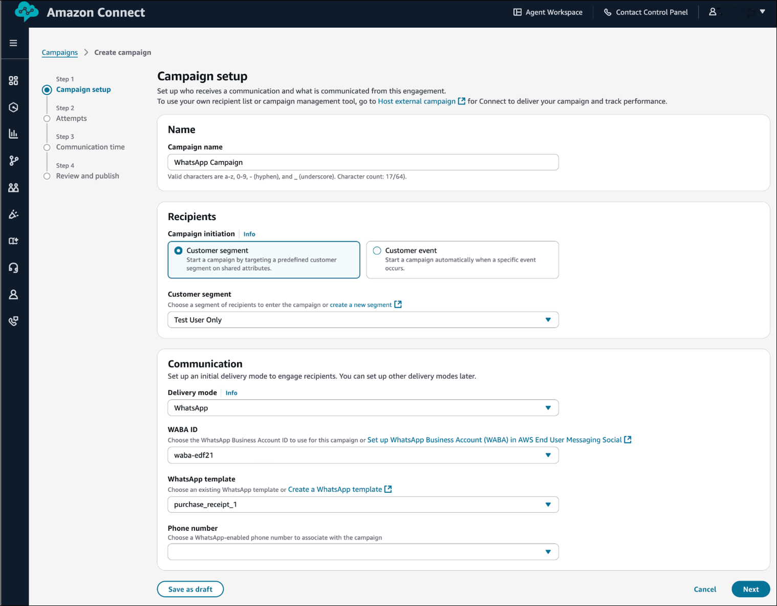 WhatsApp página de configuración que muestra la selección del creador, el menú desplegable de plantillas de WhatsApp mensajes y las opciones de selección de versiones o alias de la plantilla.