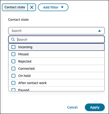 Un ejemplo de los filtros que se pueden aplicar al estado del contacto.