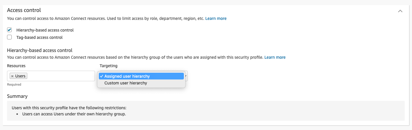 La opción de control de acceso basado en jerarquías, la lista desplegable de segmentación.