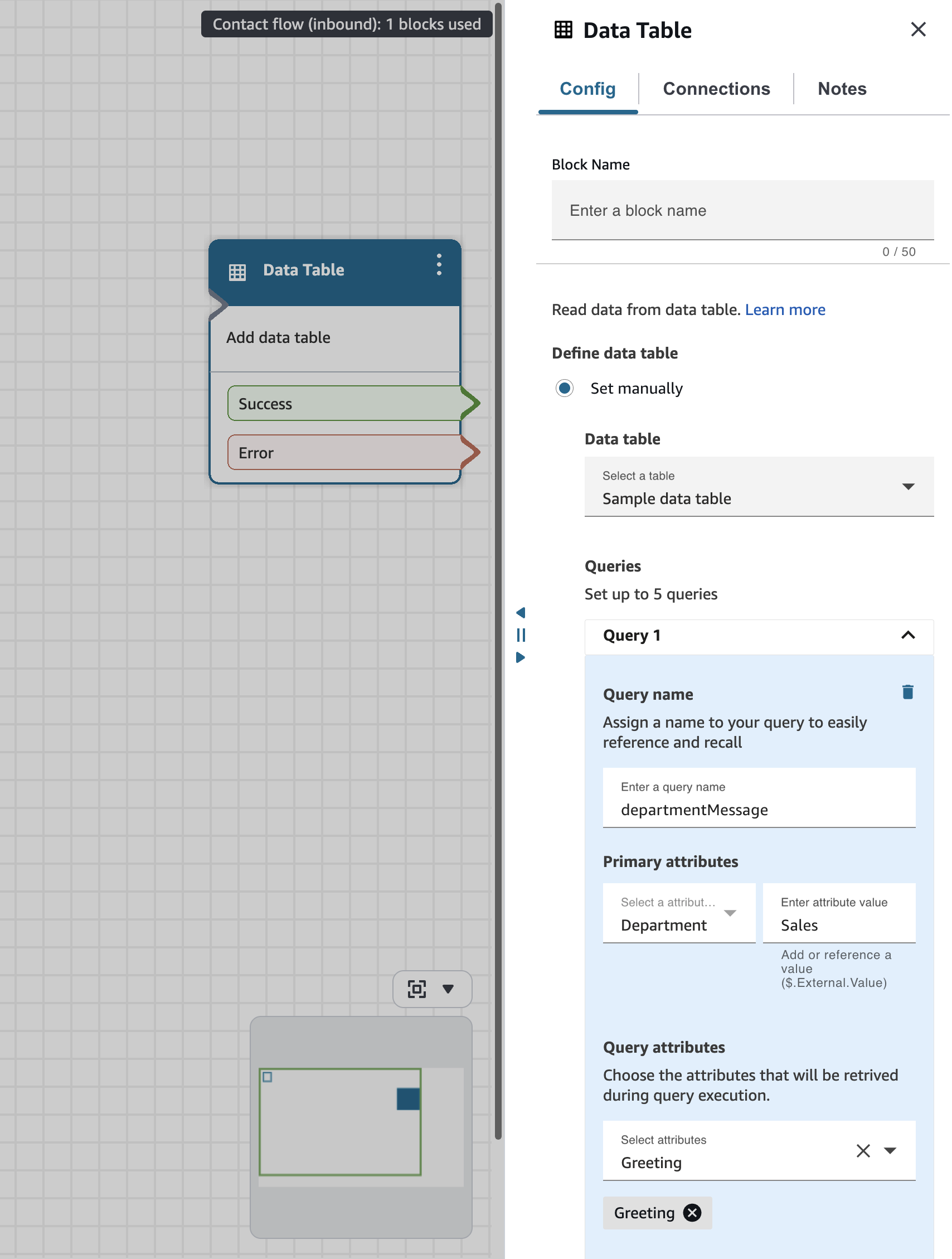 Configuración del bloque de flujo de la tabla de datos.