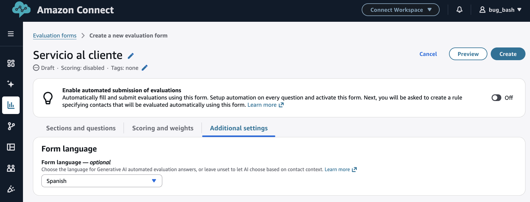 La página del formulario de evaluación, la pestaña de ajustes adicionales.