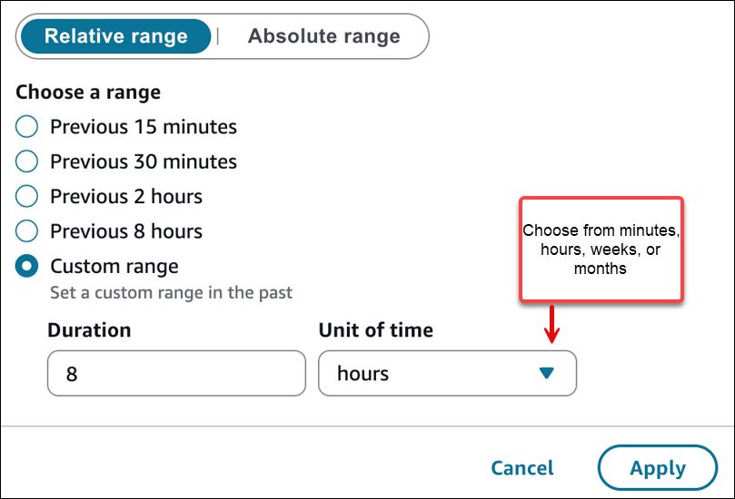 Las opciones para elegir el rango relativo o absoluto.