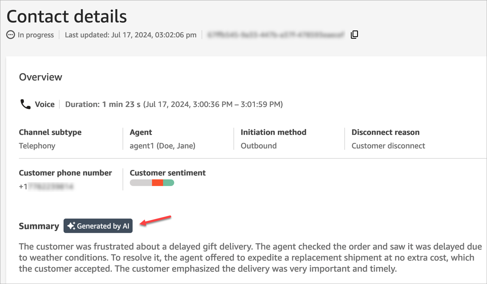 La página de detalles de contacto muestra un resumen generativo basado en la inteligencia artificial posterior al contacto con información estructurada sobre la conversación con el cliente.