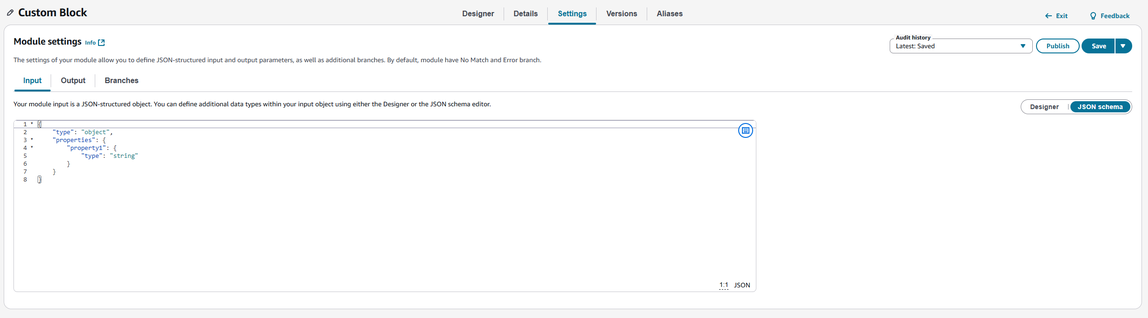 Modo de esquema JSON para la configuración de módulos de bloques personalizados.