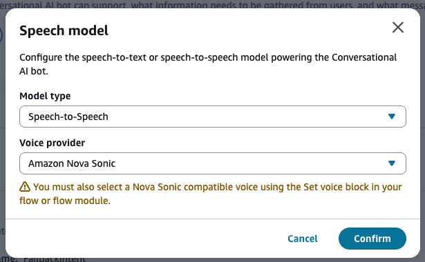 Tipo de modelo: menú desplegable que muestra la opción Speech-to-Speech