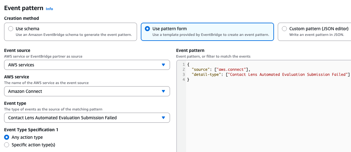El patrón de eventos con Amazon Connect seleccionado como servicio de AWS.