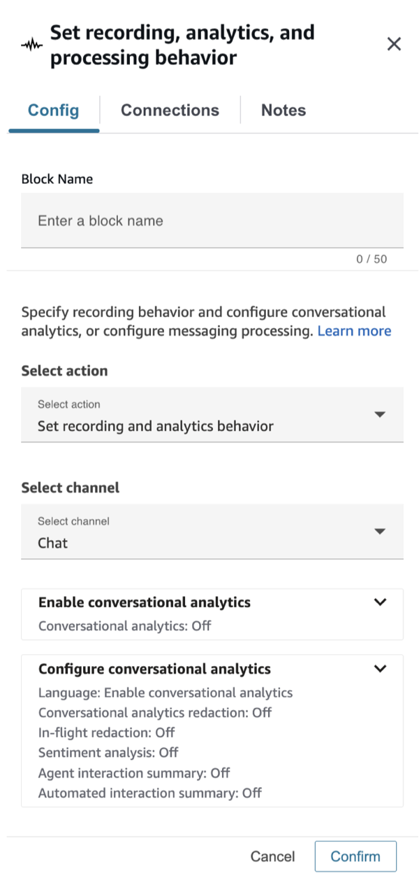 La configuración del canal de chat muestra los ajustes de análisis conversacional.