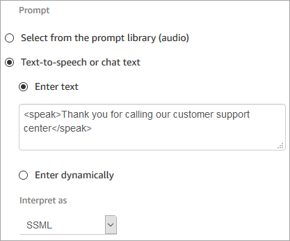 Etiquetas SSML en un cuadro de conversión de texto a voz.