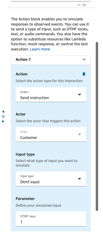 Configuración del bloque de acciones que muestra el envío de instrucciones con el tipo de entrada DTMF seleccionado.
