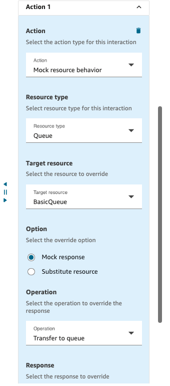 Configuración de bloques de acciones que muestra la anulación de colas con opciones de respuesta simuladas.