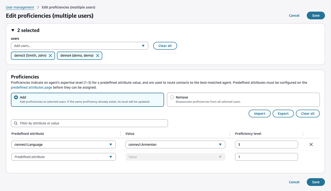 La página de edición masiva de competencias muestra los campos AttributeName AttributeValue, los campos de nivel y las opciones de importación y exportación en formato CSV.