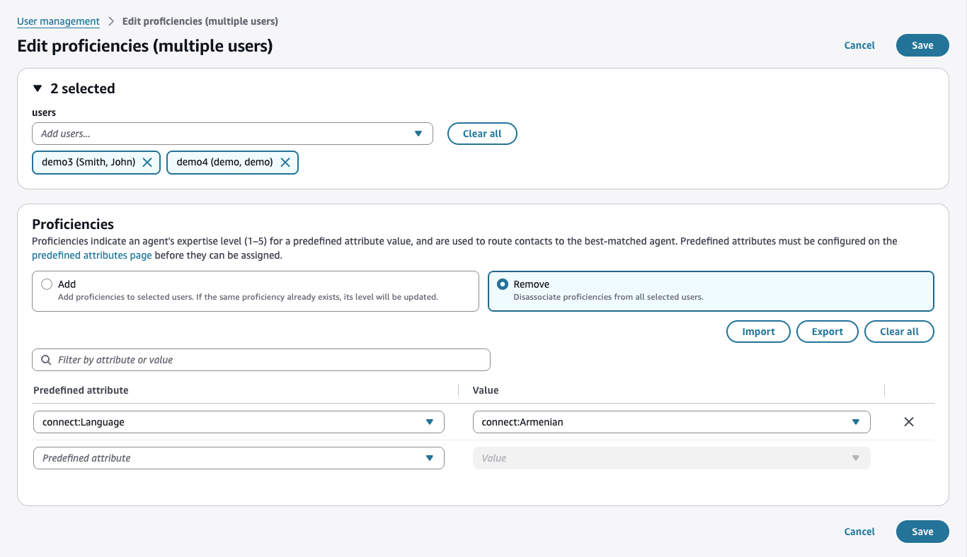 La página de edición masiva de competencias muestra el mosaico Eliminar seleccionado con campos AttributeName y AttributeValue .
