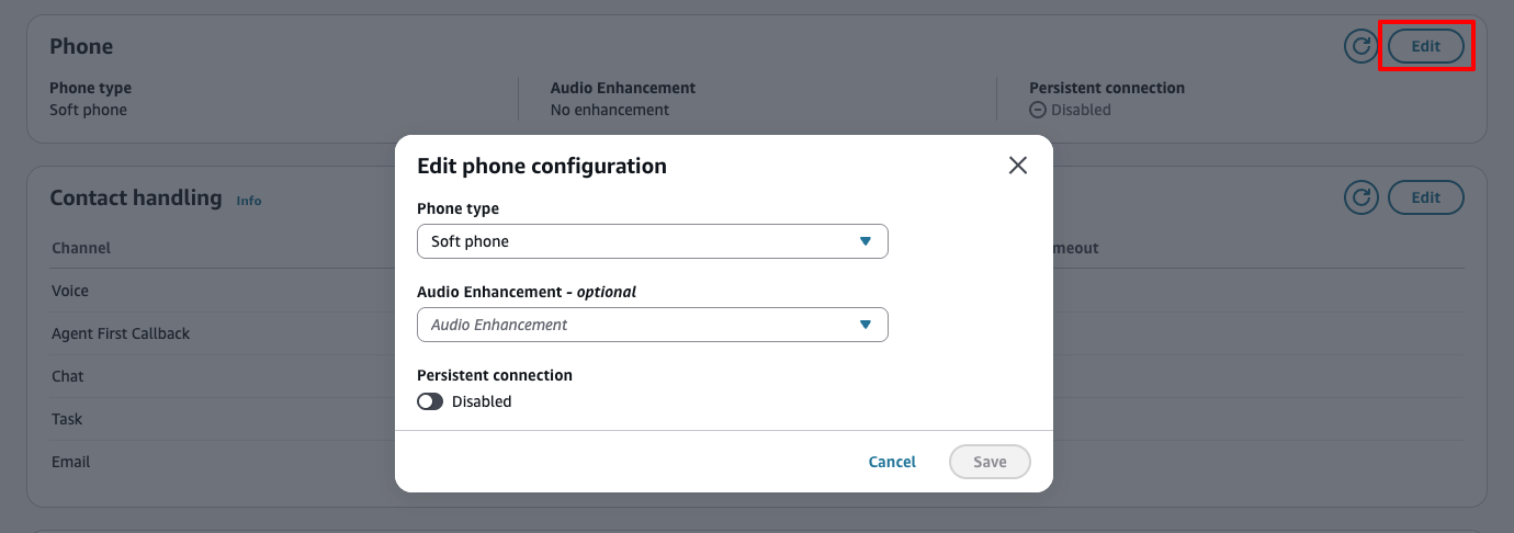 El cuadro de diálogo Editar la configuración del teléfono muestra el tipo de teléfono y la configuración del teléfono virtual o del teléfono de escritorio.