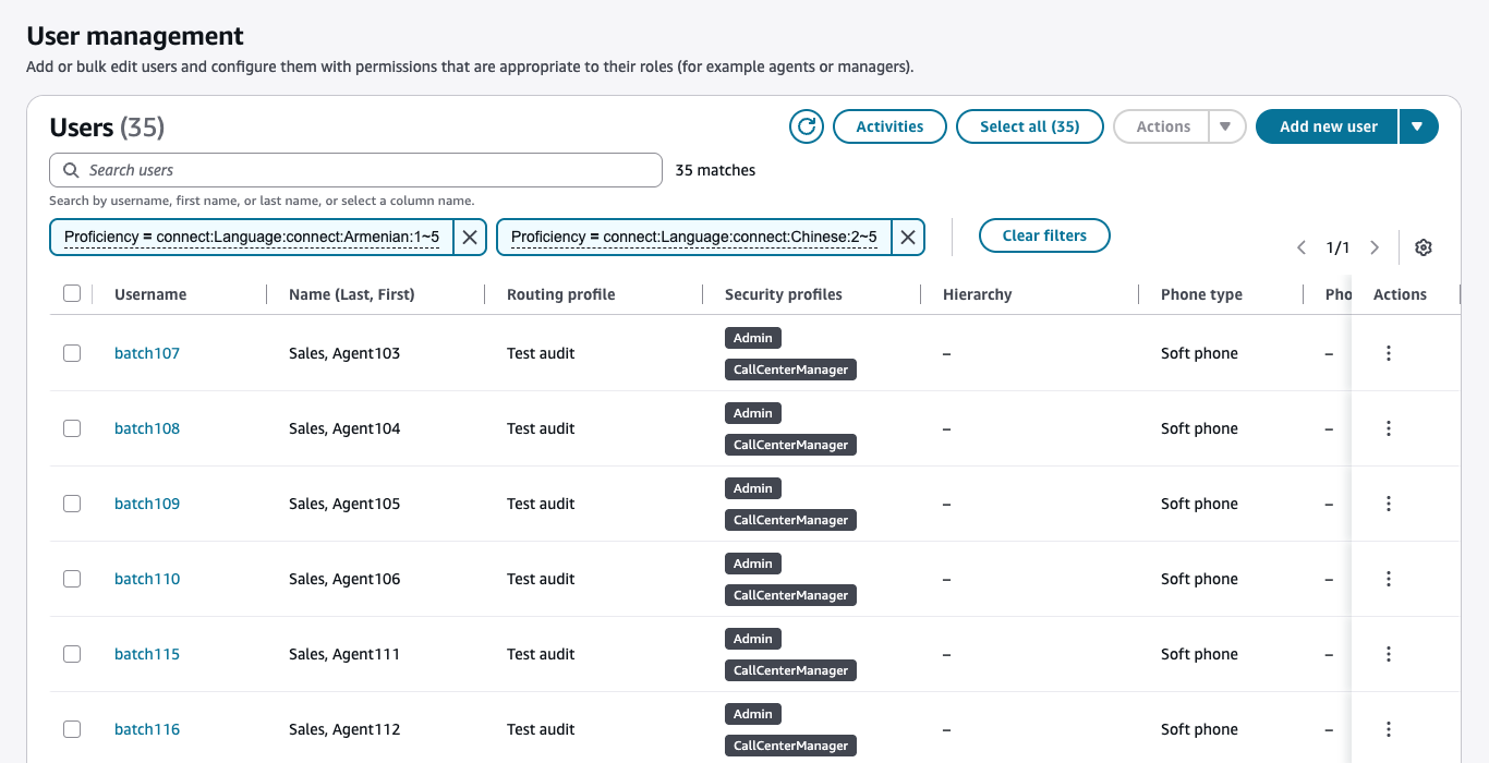 La página de administración de usuarios muestra el panel de filtros con filtros de aptitud que utilizan Match all.