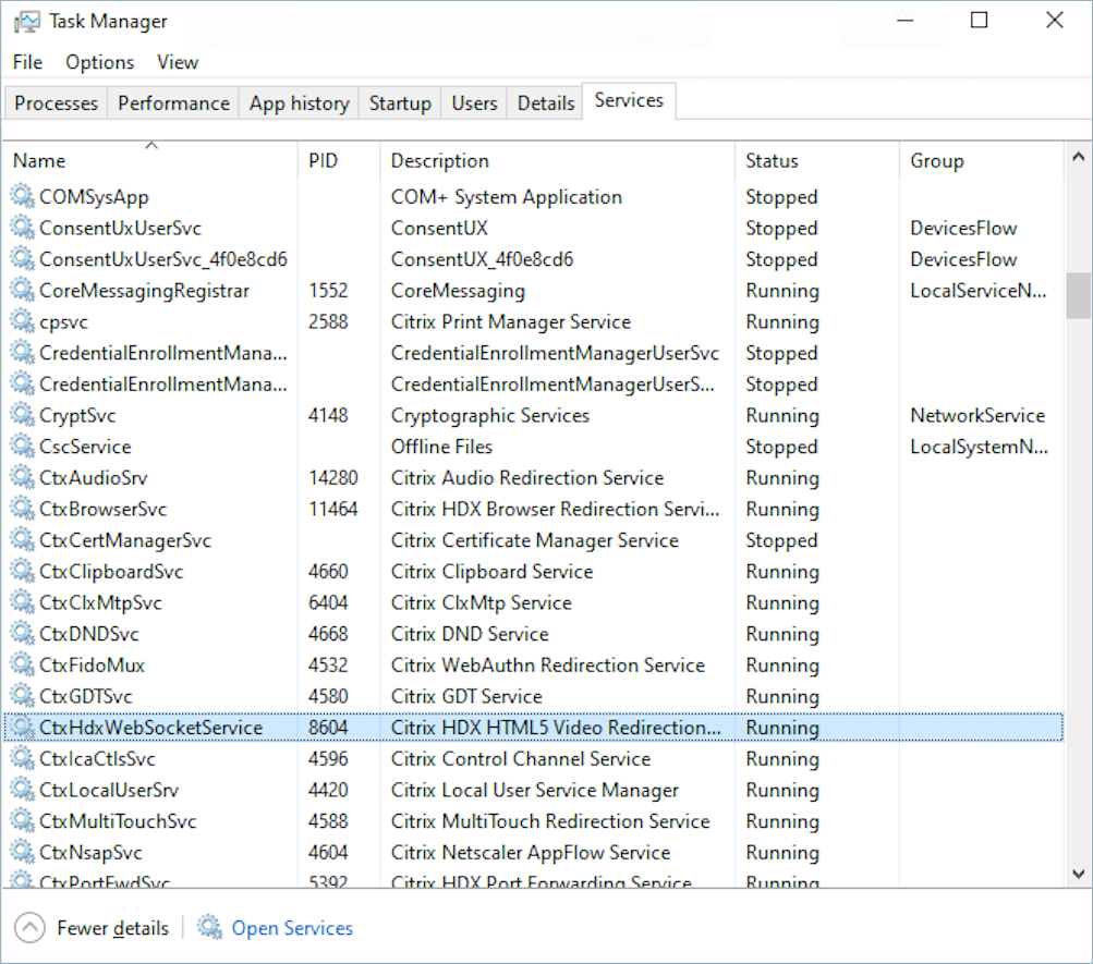 Usar el administrador de tareas de Windows para reiniciar. CitrixHdxWebSocketService