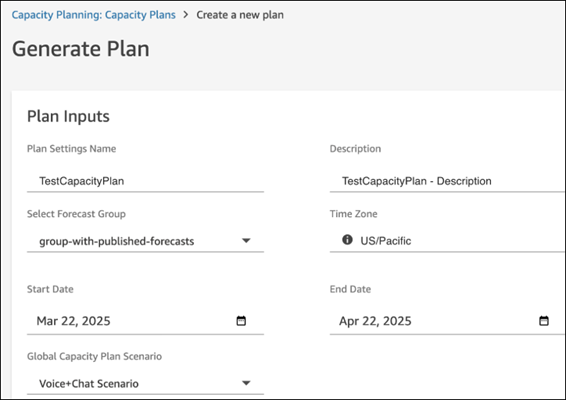 La página Generar plan, la sección Entradas del plan, valores de ejemplo.