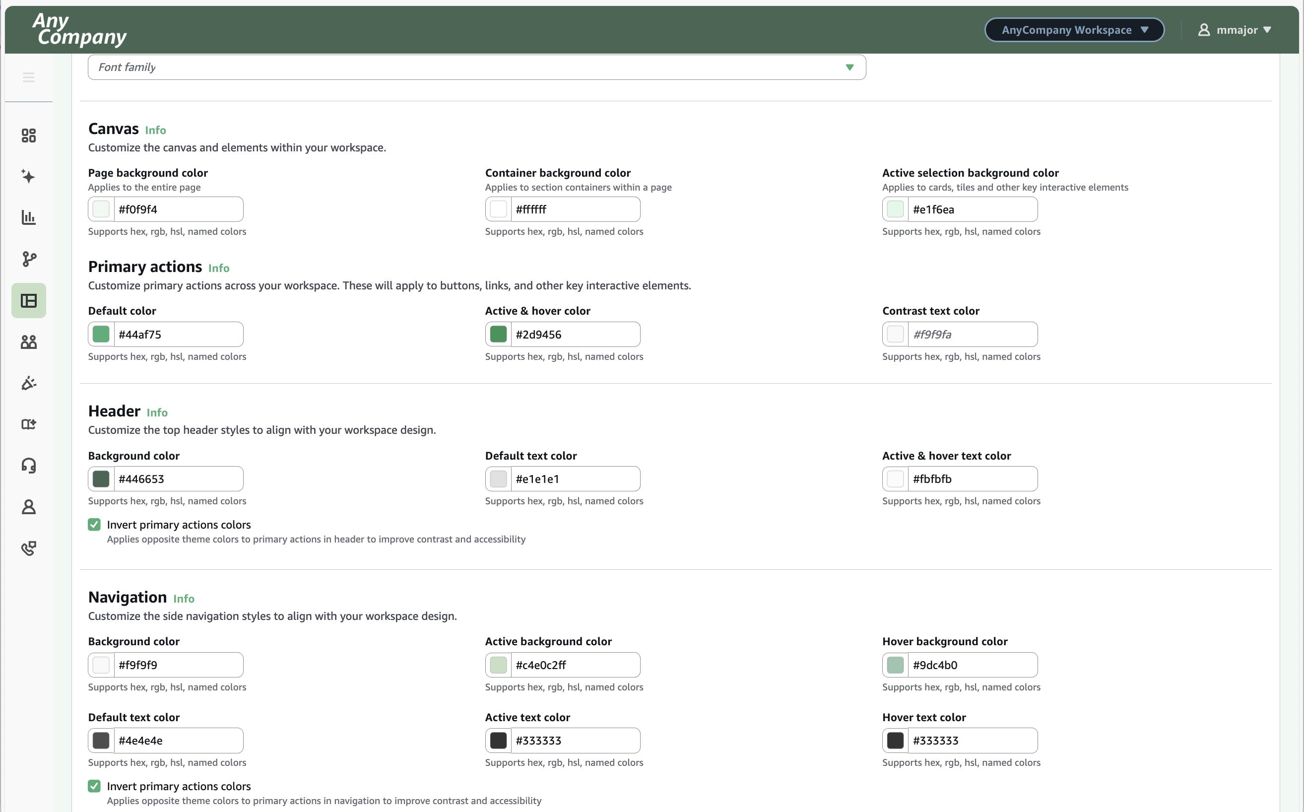 Formulario de personalización del tema del espacio de trabajo para la combinación de colores.