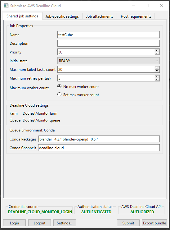 La pestaña de configuración de tareas compartidas del Blender remitente. La configuración de la pestaña es la predeterminada.