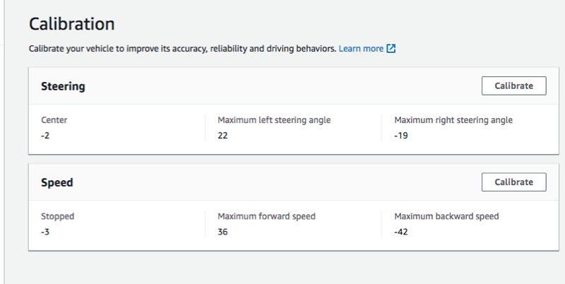 Imagen: seleccione Calibración en la consola de control del DeepRacer vehículo de AWS.