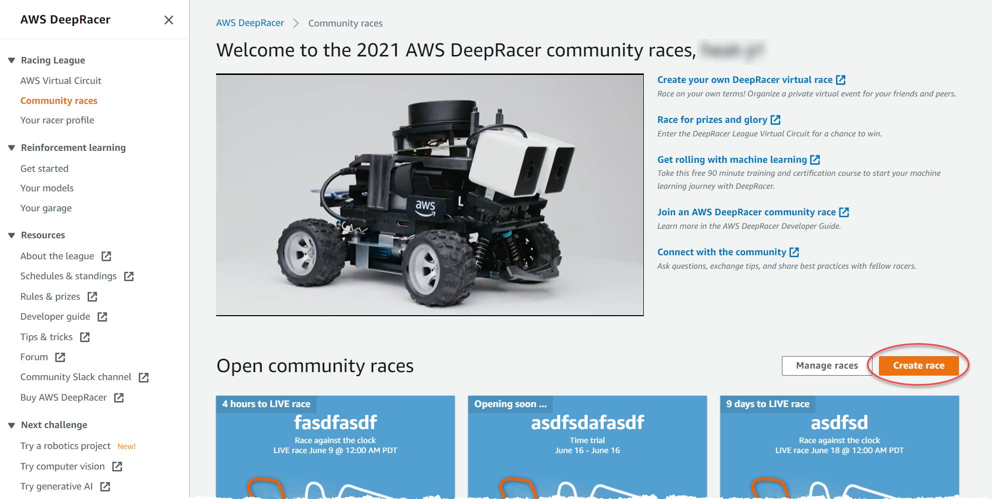 Cree una carrera por DeepRacer la comunidad de AWS.