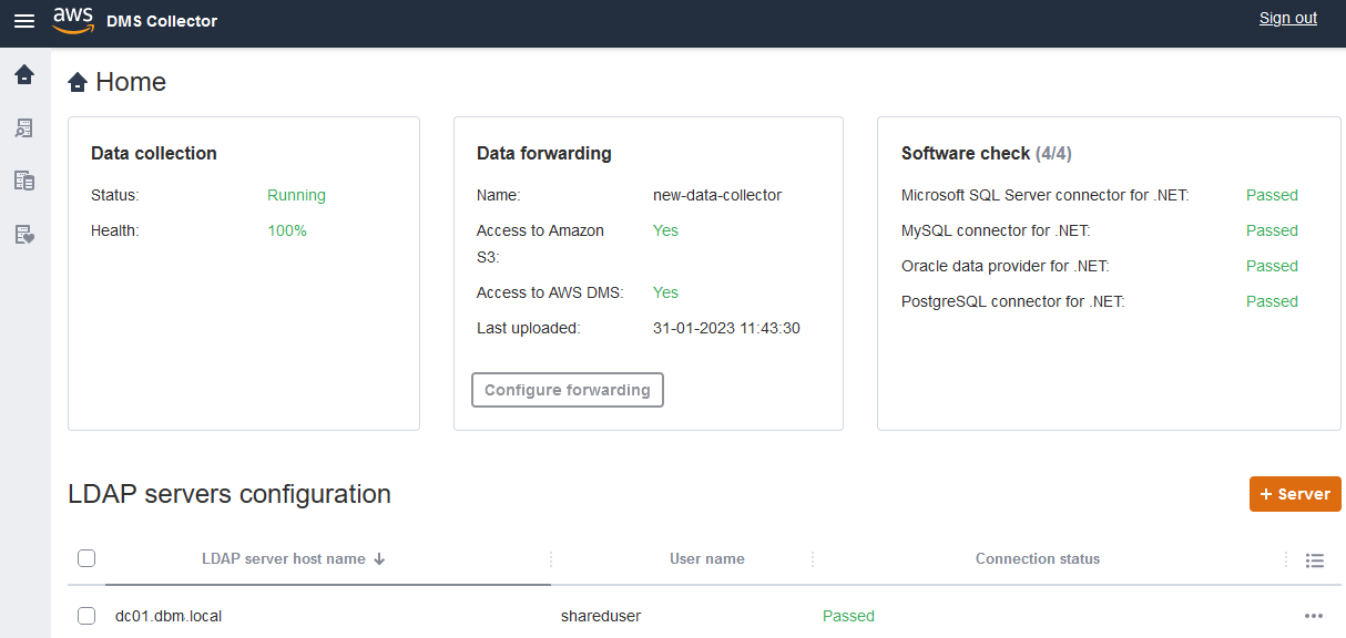 AWS DMS página de inicio del recopilador de datos.