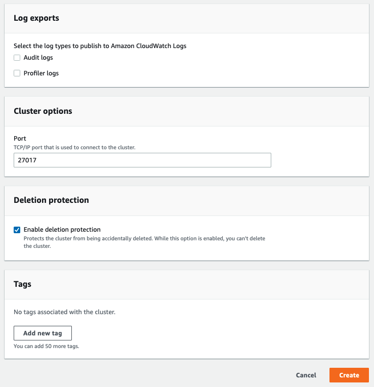 Complete la nueva configuración del clon del clúster seleccionando el tipo de registros que desea exportar (opcional), introduciendo un puerto específico utilizado para conectarse al clúster y habilitando la protección contra la eliminación accidental del clúster.